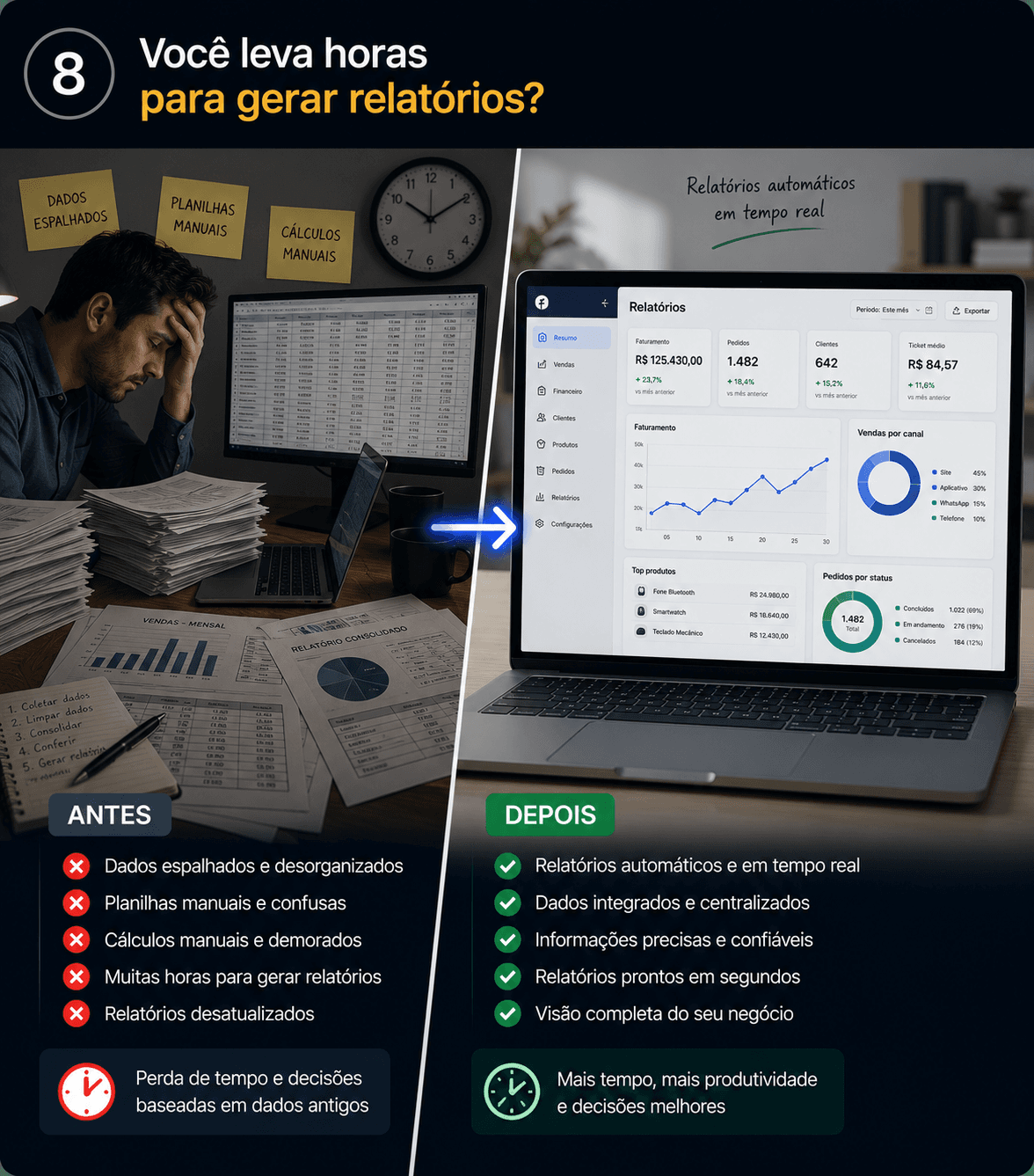 Antes: dúvida e falta de direção. Depois: solução clara e caminho definido.